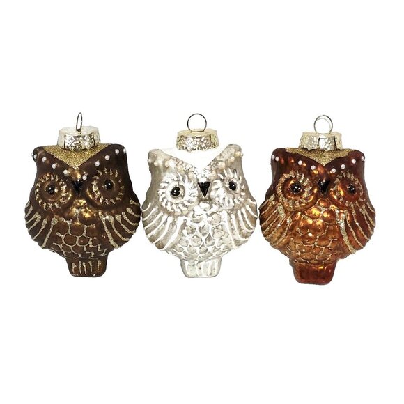 Owl Christmas Tree Ornaments Set of 3 Mercury Glass Brown White Bronze Glitter - Picture 1 of 6